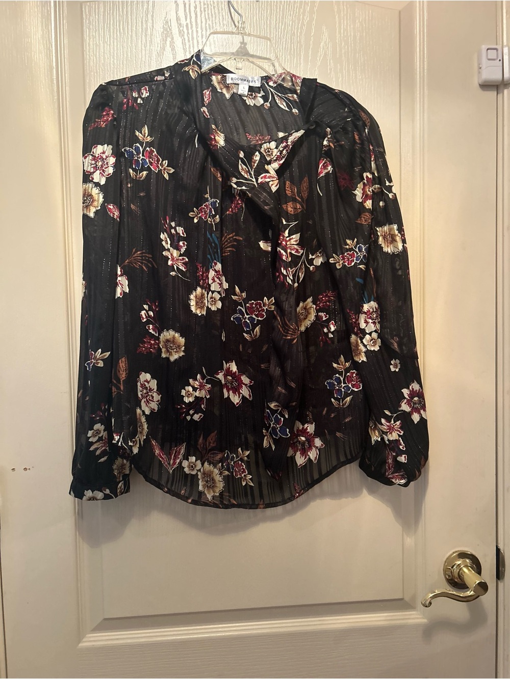 Rococo Sand Black Floral Tie-Neck Blouse with Cream and Burgundy Accents